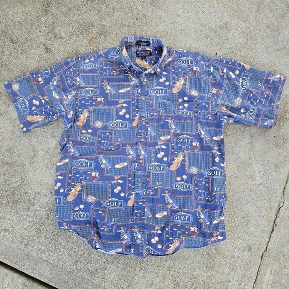 Vtg 90s ROUNDTREE & YORK Golf Clubs All Over Graphic Golf Button Up Shirt Large - Picture 1 of 5